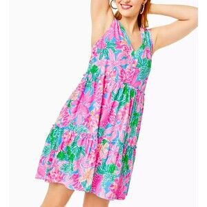 Lilly Pulitzer Lorina Swing Dress Printed Cotton Tiered Ruffle Resort L 287222